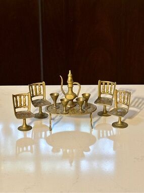 Brass Doll House Miniature Dining Table Set Table Chairs Goblets Ewer Vtg India
